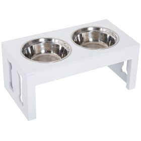 23" Dog Bone Wooden Elevated Dog Bowl Feeding Station, White
